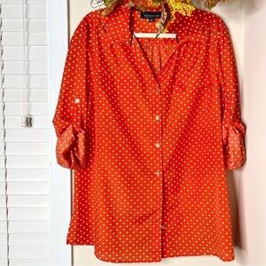 JONES NEW YORK Orange White Polka Dot Collar Button Front Blouse